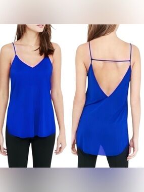 Express Royal Blue Semi Sheer High Low Ribbed Cami, V-Neck, Open Back, Small